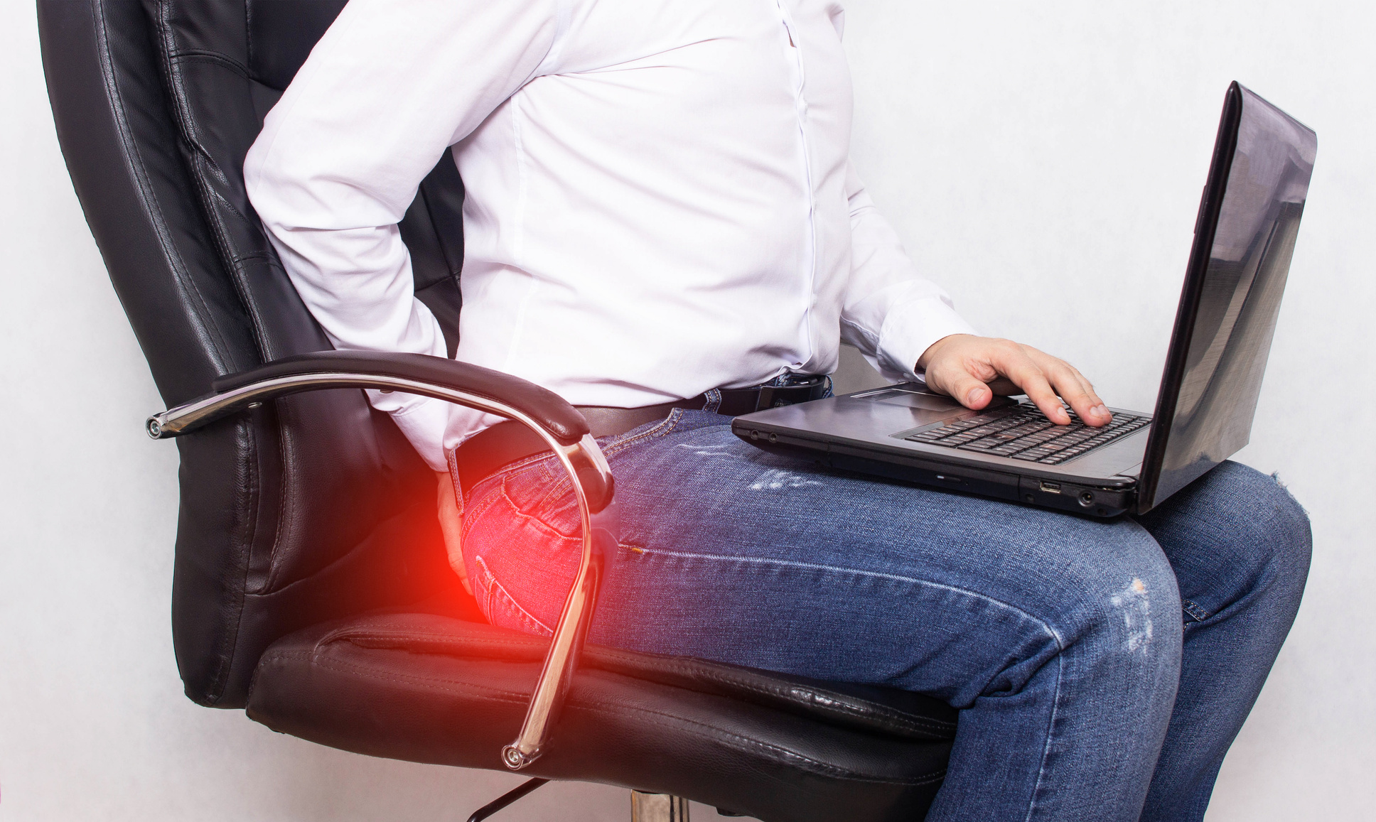 A Man in a White Shirt Holds on to the  the Concept of Pain in the , Hemorrhoids, Inflammation